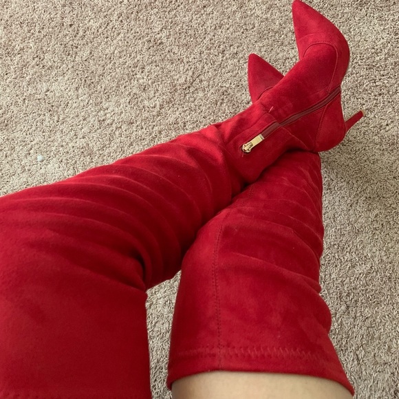 Knee-high pointed toe heels red boots - Picture 3 of 4